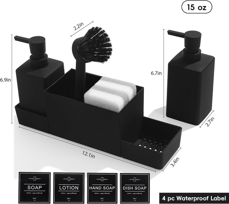 YAUKPH Kitchen Soap Dispenser with Sponge Holder Set for Sink Caddy, Hand Soap and Dish Soap Dispenser with Brush (Black) - Image 3